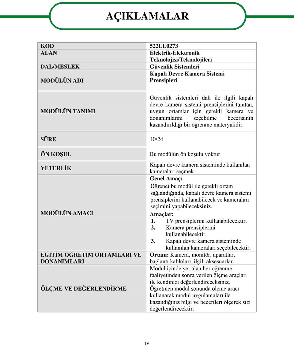 SÜRE 40/24 ÖN KOġUL YETERLĠK MODÜLÜN AMACI EĞĠTĠM ÖĞRETĠM ORTAMLARI VE DONANIMLARI ÖLÇME VE DEĞERLENDĠRME Bu modülün ön koģulu yoktur.