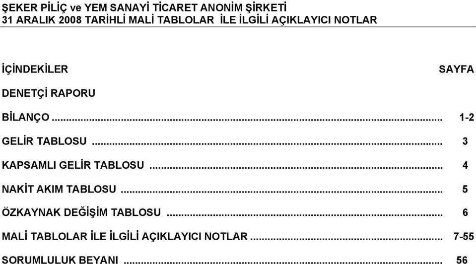 .. 1-2 GELİR TABLOSU... 3 KAPSAMLI GELİR TABLOSU... 4 NAKİT AKIM TABLOSU.