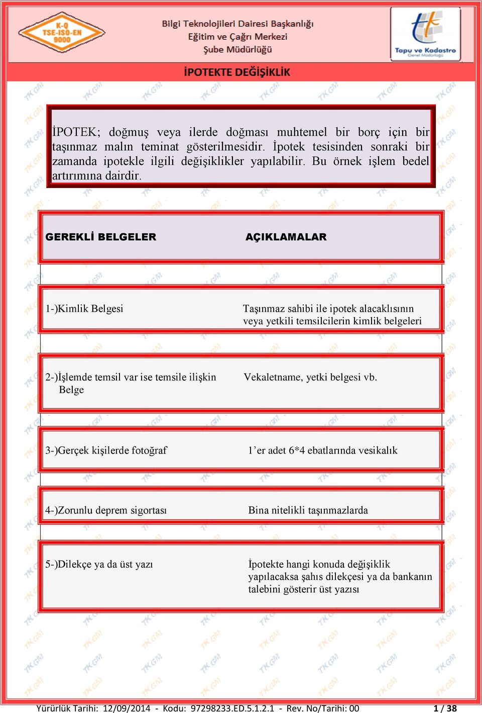 GEREKLİ BELGELER AÇIKLAMALAR 1-)Kimlik Belgesi Taşınmaz sahibi ile ipotek alacaklısının veya yetkili temsilcilerin kimlik belgeleri 2-)İşlemde temsil var ise temsile ilişkin Belge Vekaletname,