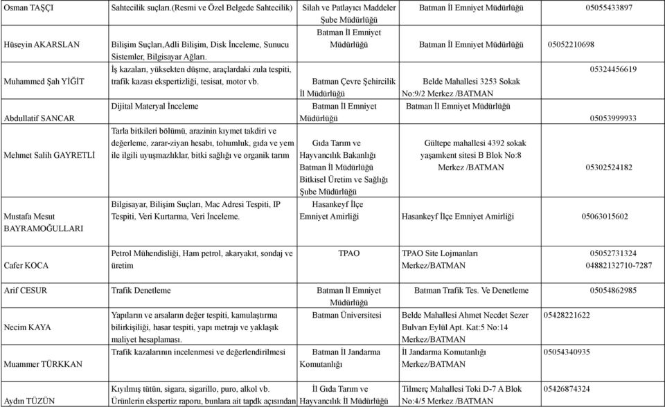 Bilişim, Disk İnceleme, Sunucu Sistemler, Bilgisayar Ağları. İş kazaları, yüksekten düşme, araçlardaki zula tespiti, trafik kazası ekspertizliği, tesisat, motor vb.