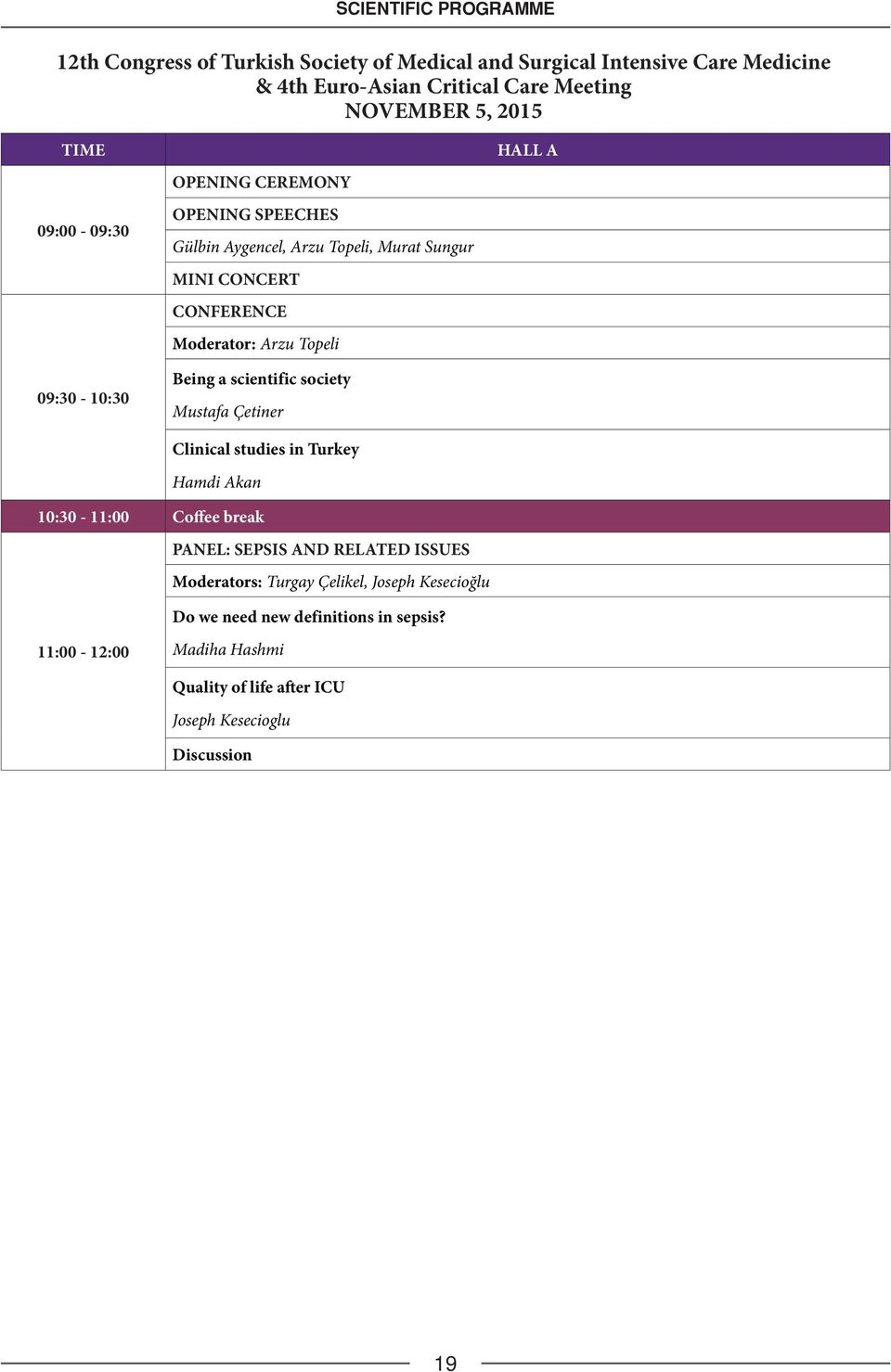 Being a scientific society Mustafa Çetiner Clinical studies in Turkey Hamdi Akan HALL A 0:30 - :00 Coffee break PANEL: SEPSIS AND RELATED ISSUES