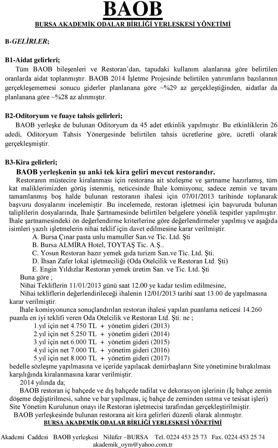 B2-Oditoryum ve fuaye tahsis gelirleri; BAOB yerleşke de bulunan Oditoryum da 45 adet etkinlik yapılmıştır.