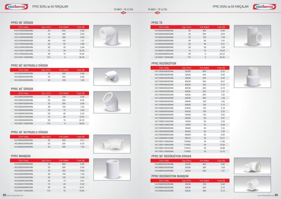 350 0,83 1AC02000320000SN 32 160 1,40 PPRC 45 DİRSEK 1AC03000200000SN 20 700 0,39 1AC03000250000SN 25 450 0,54 1AC03000320000SN 32 200 0,98 1AC03000400000SN 40 140 1,65 1AC03000500000SN 50 70 2,80