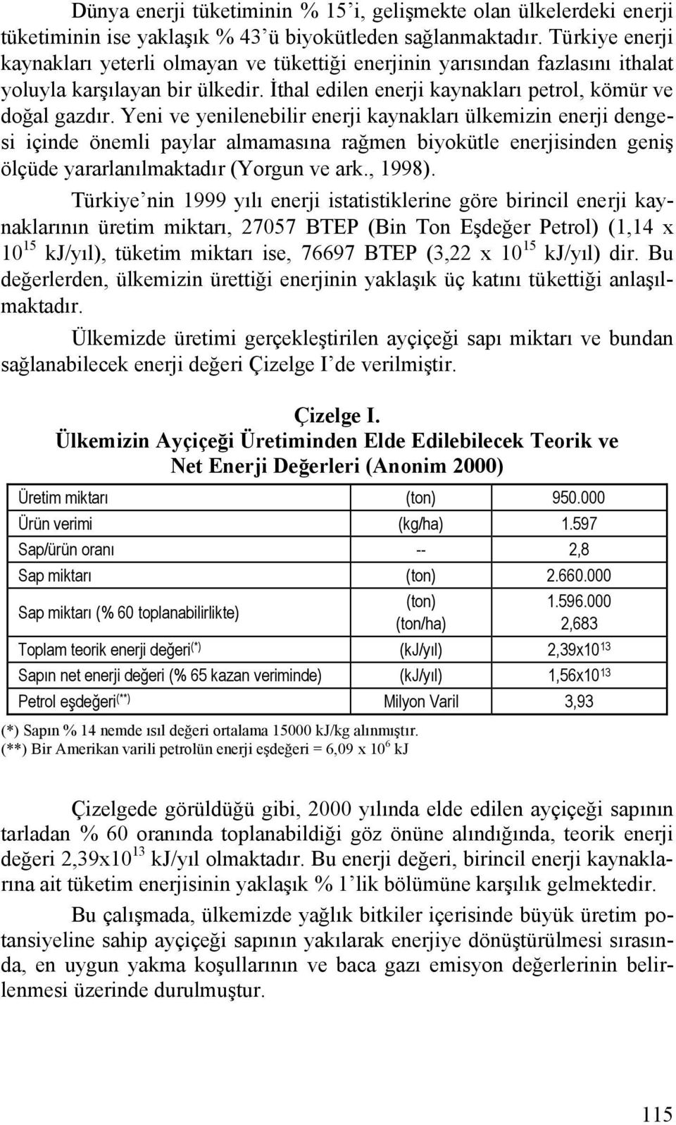 Yeni ve yenilenebilir enerji kaynakları ülkemizin enerji dengesi içinde önemli paylar almamasına rağmen biyokütle enerjisinden geniş ölçüde yararlanılmaktadır (Yorgun ve ark., 1998).