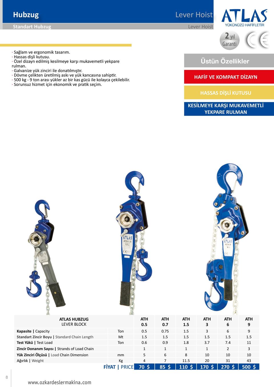 Lever Hoist Lever Hoist HAFİF VE KOMPAKT DİZAYN HASSAS DİŞLİ KUTUSU KESİLMEYE KARŞI MUKAVEMETLİ YEKPARE RULMAN ATLAS HUBZUG LEVER BLOCK Kapasite Capacity Ton 0.5 0.75 1.