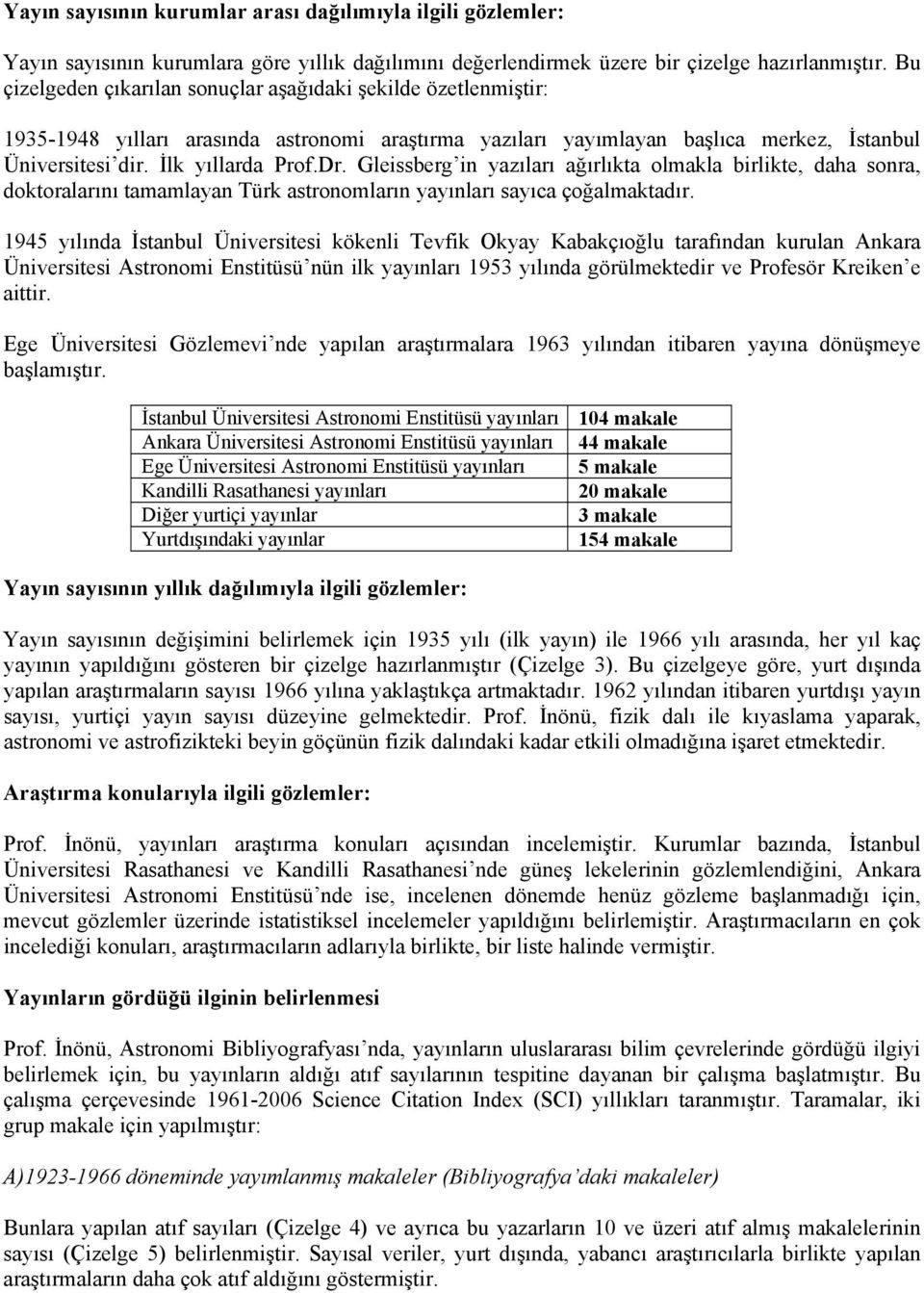 Gleissberg in yazıları ağırlıkta olmakla birlikte, daha sonra, doktoralarını tamamlayan Türk astronomların yayınları sayıca çoğalmaktadır.