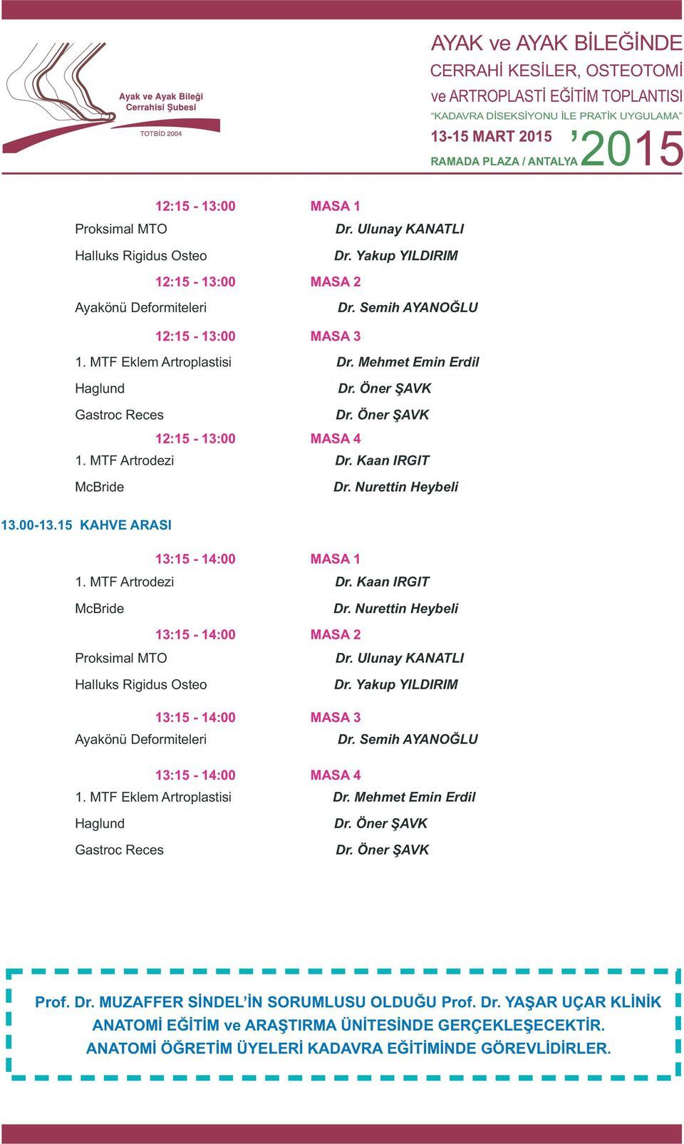 Nurettin Heybeli 13.00-13.15 KAHVE ARASI 13:15-14:00 MASA 1 1. MTF Artrodezi Dr. Kaan IRGIT McBride Dr.