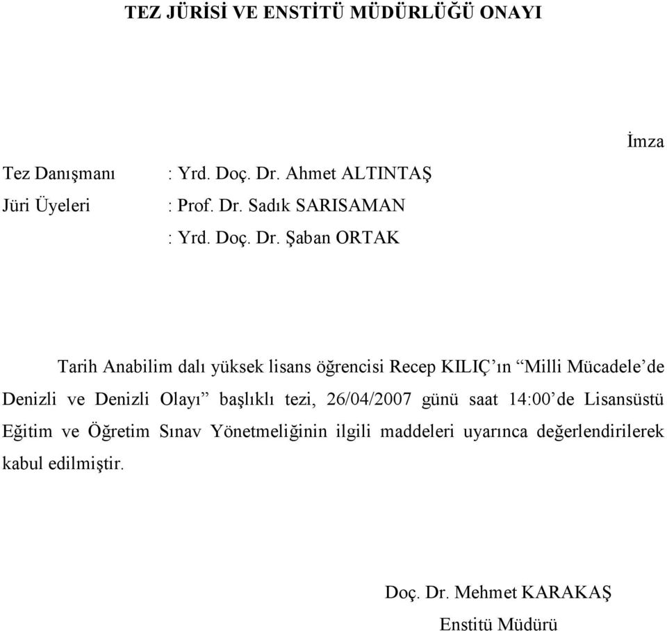 Şaban ORTAK Đmza Tarih Anabilim dalı yüksek lisans öğrencisi Recep KILIÇ ın Milli Mücadele de Denizli ve Denizli