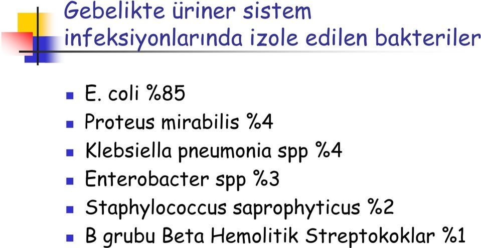 coli %85 Proteus mirabilis %4 Klebsiella pneumonia spp