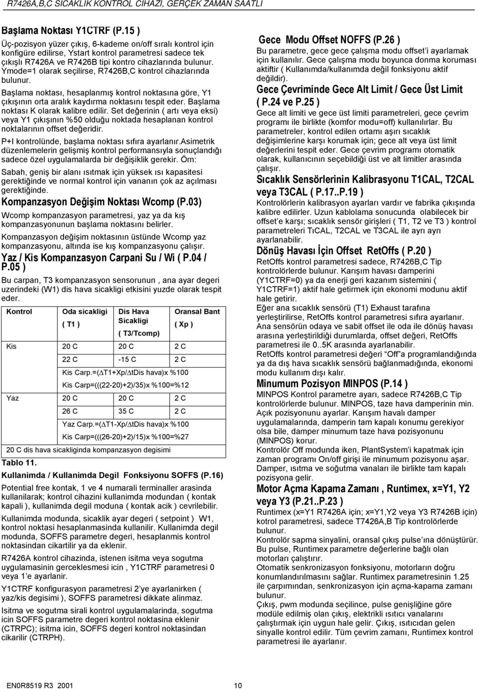 Ymode=1 olarak seçilirse, R7426B,C kontrol cihazlarında bulunur. Başlama noktası, hesaplanmış kontrol noktasına göre, Y1 çıkışının orta aralık kaydırma noktasını tespit eder.