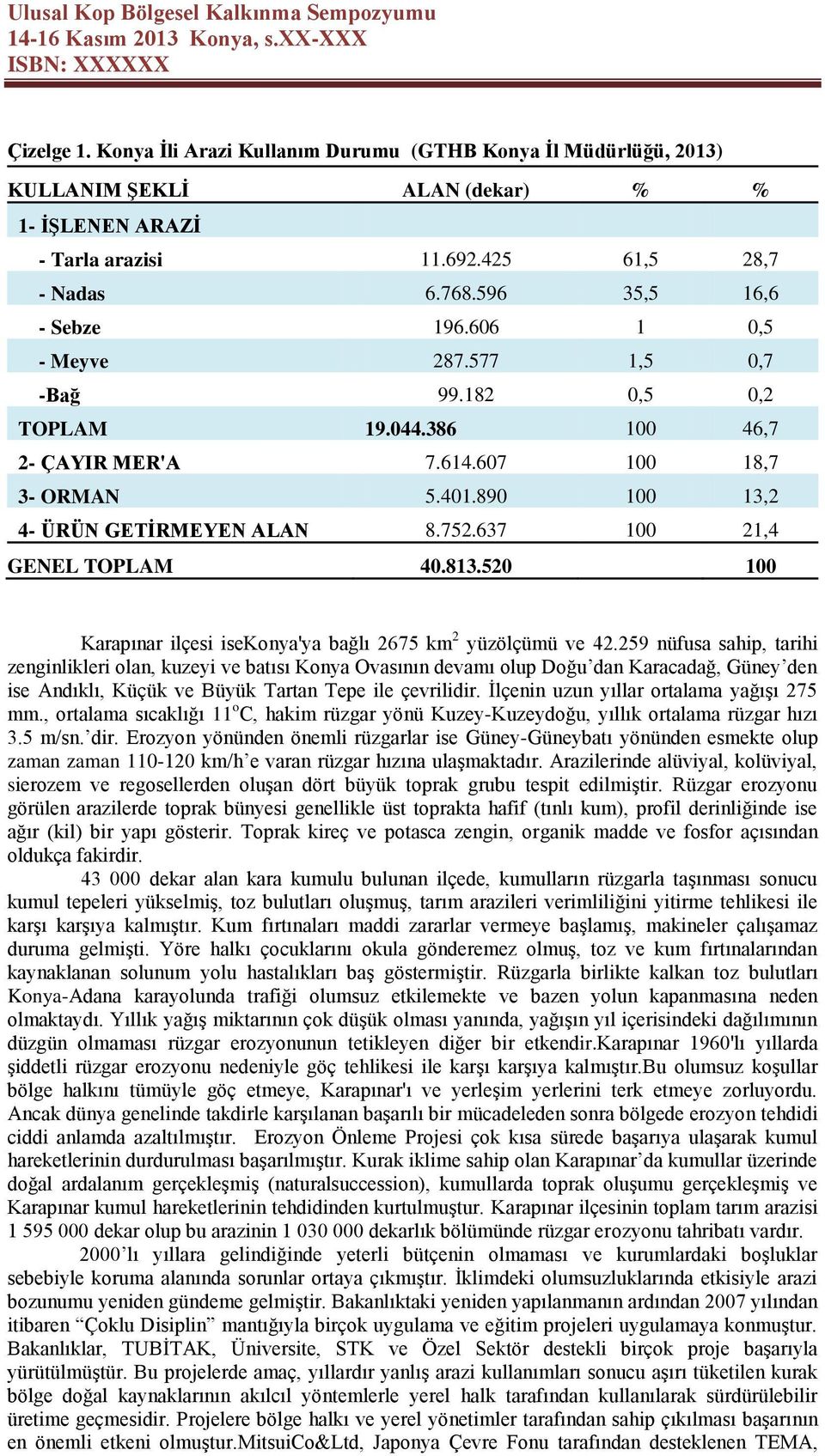 637 100 21,4 GENEL TOPLAM 40.813.520 100 Karapınar ilçesi isekonya'ya bağlı 2675 km 2 yüzölçümü ve 42.