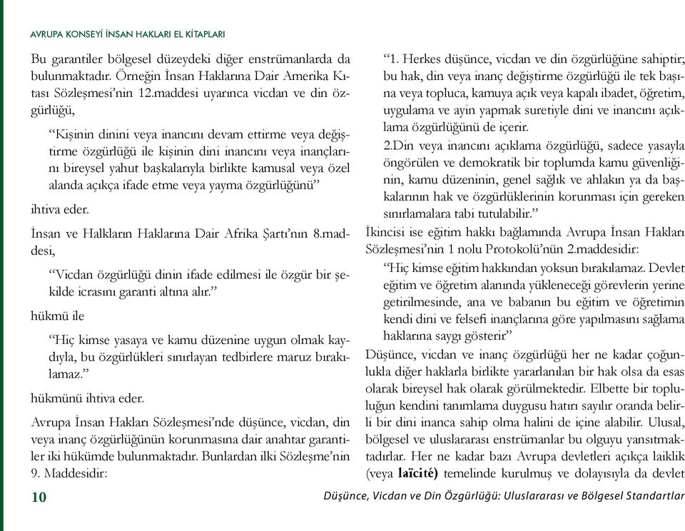 veya özel alanda açıkça ifade etme veya yayma özgürlüğünü ihtiva eder. İnsan ve Halkların Haklarına Dair Afrika Şartı nın 8.