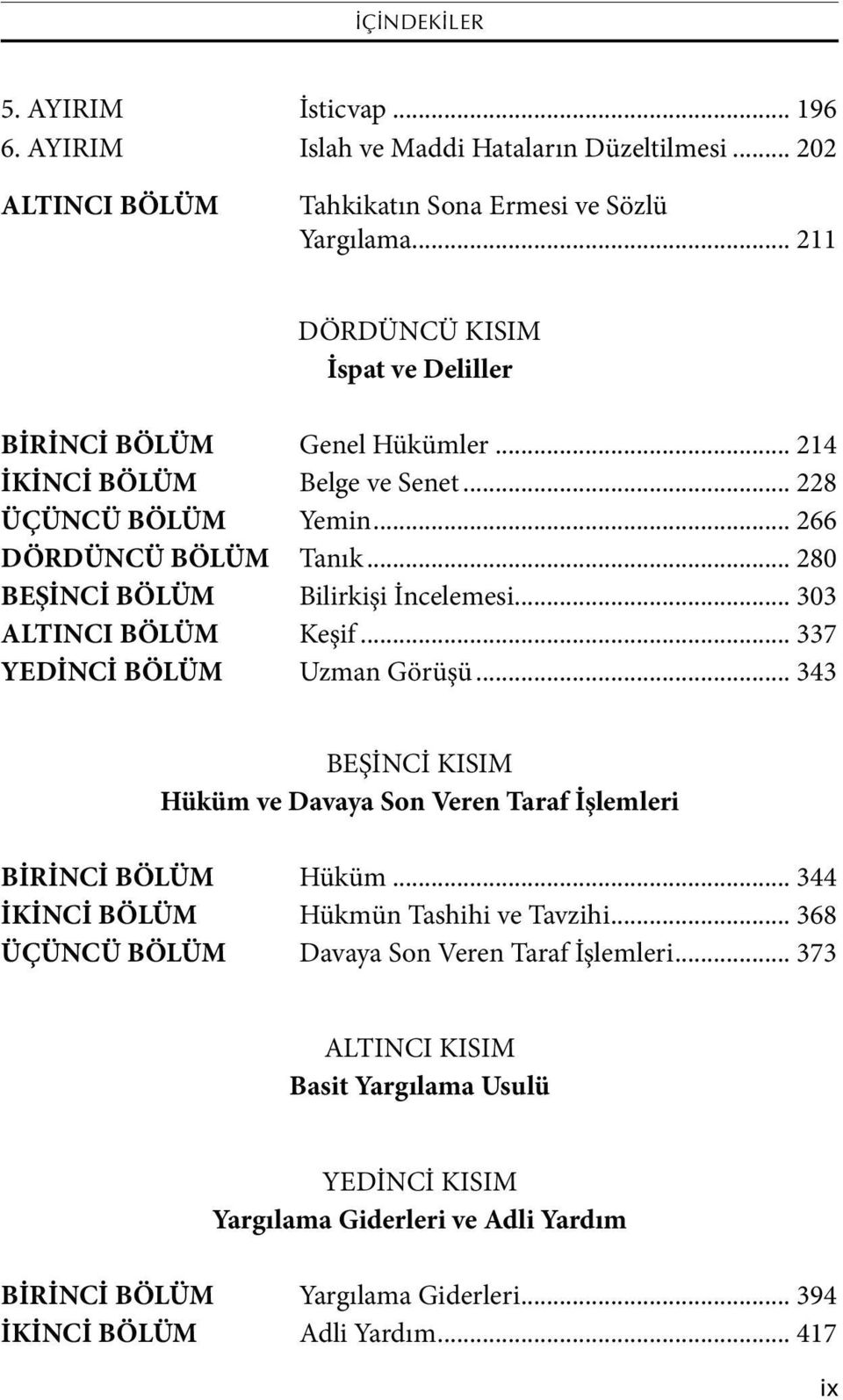 .. 280 BEŞİNCİ BÖLÜM Bilirkişi İncelemesi... 303 ALTINCI BÖLÜM Keşif... 337 YEDİNCİ BÖLÜM Uzman Görüşü... 343 BEŞİNCİ KISIM Hüküm ve Davaya Son Veren Taraf İşlemleri BİRİNCİ BÖLÜM Hüküm.