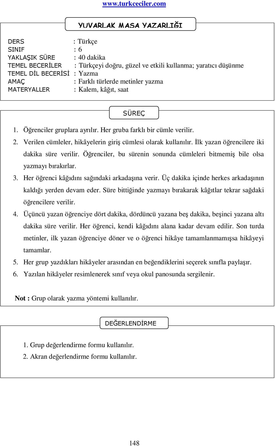 Öğrenciler, bu sürenin sonunda cümleleri bitmemiş bile olsa yazmayı bırakırlar. 3. Her öğrenci kâğıdını sağındaki arkadaşına verir. Üç dakika içinde herkes arkadaşının kaldığı yerden devam eder.