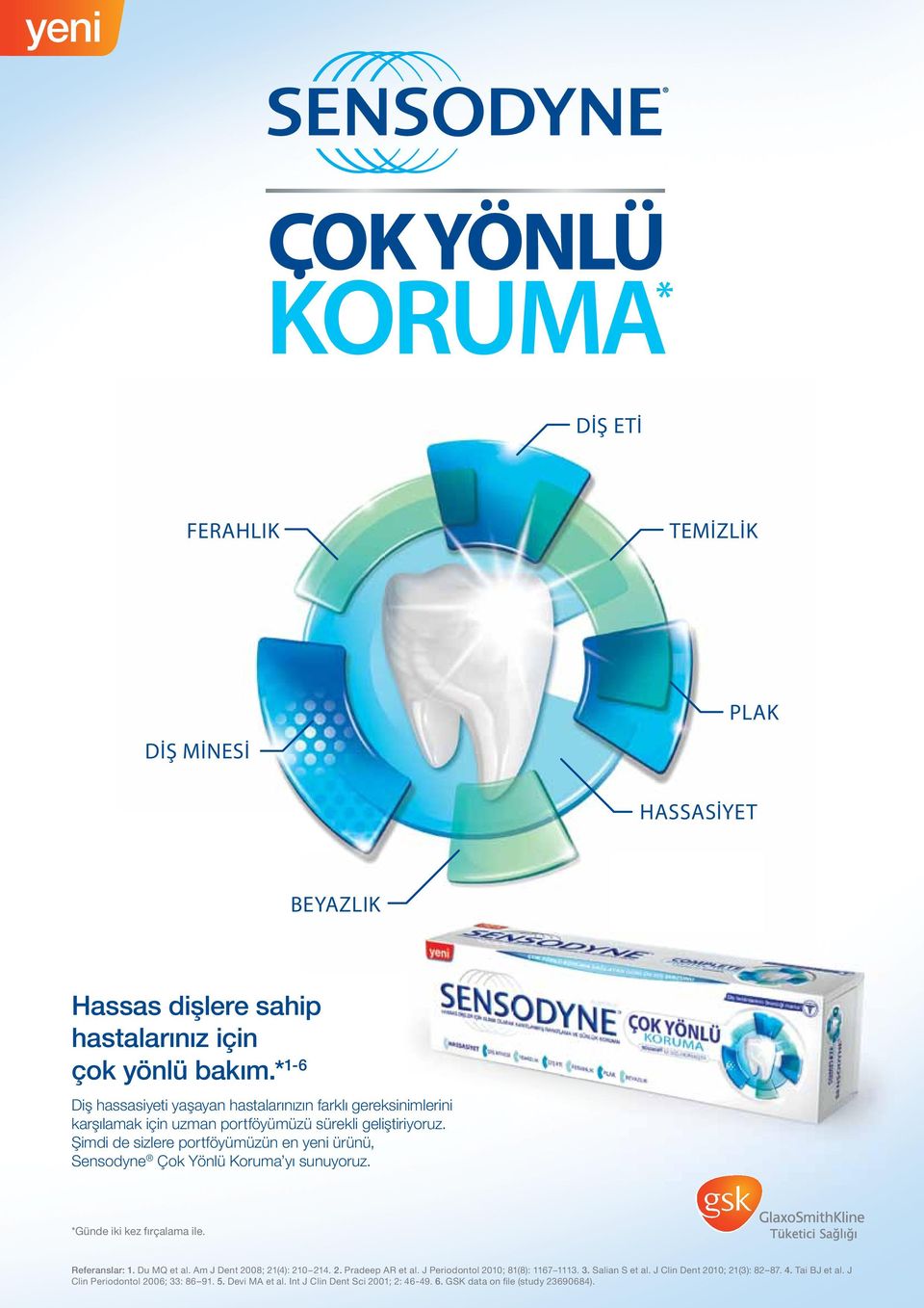 Şimdi de sizlere portföyümüzün en yeni ürünü, Sensodyne Çok Yönlü Koruma yı sunuyoruz. *Günde iki kez fırçalama ile. Referanslar: 1. Du MQ et al.