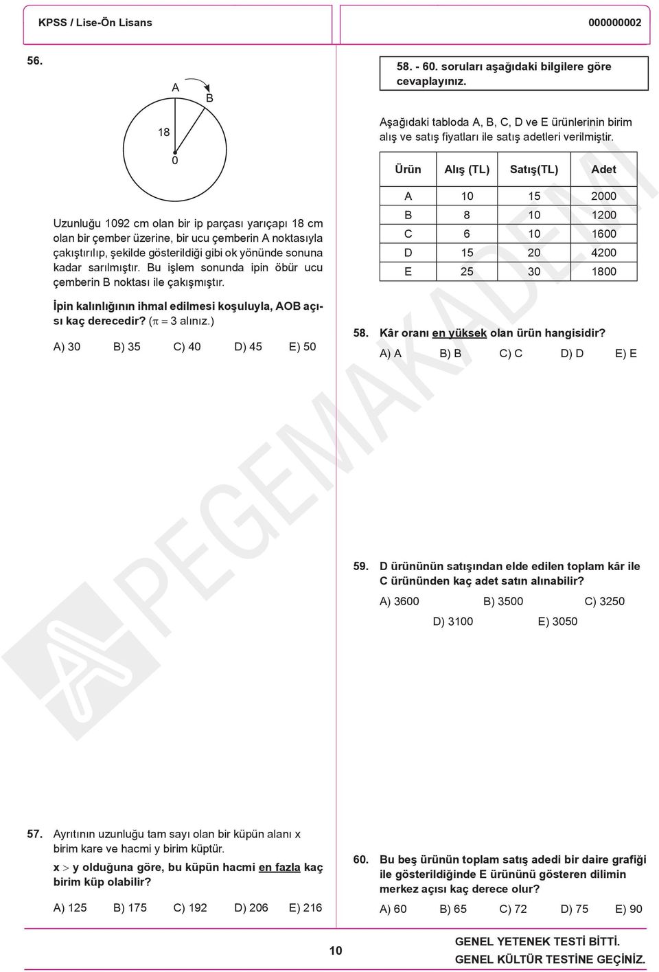 Bu işlem sonunda ipin öbür ucu çemberin B noktası ile çakışmıştır. İpin kalınlığının ihmal edilmesi koşuluyla, AOB açısı kaç derecedir? (π = 3 alınız.