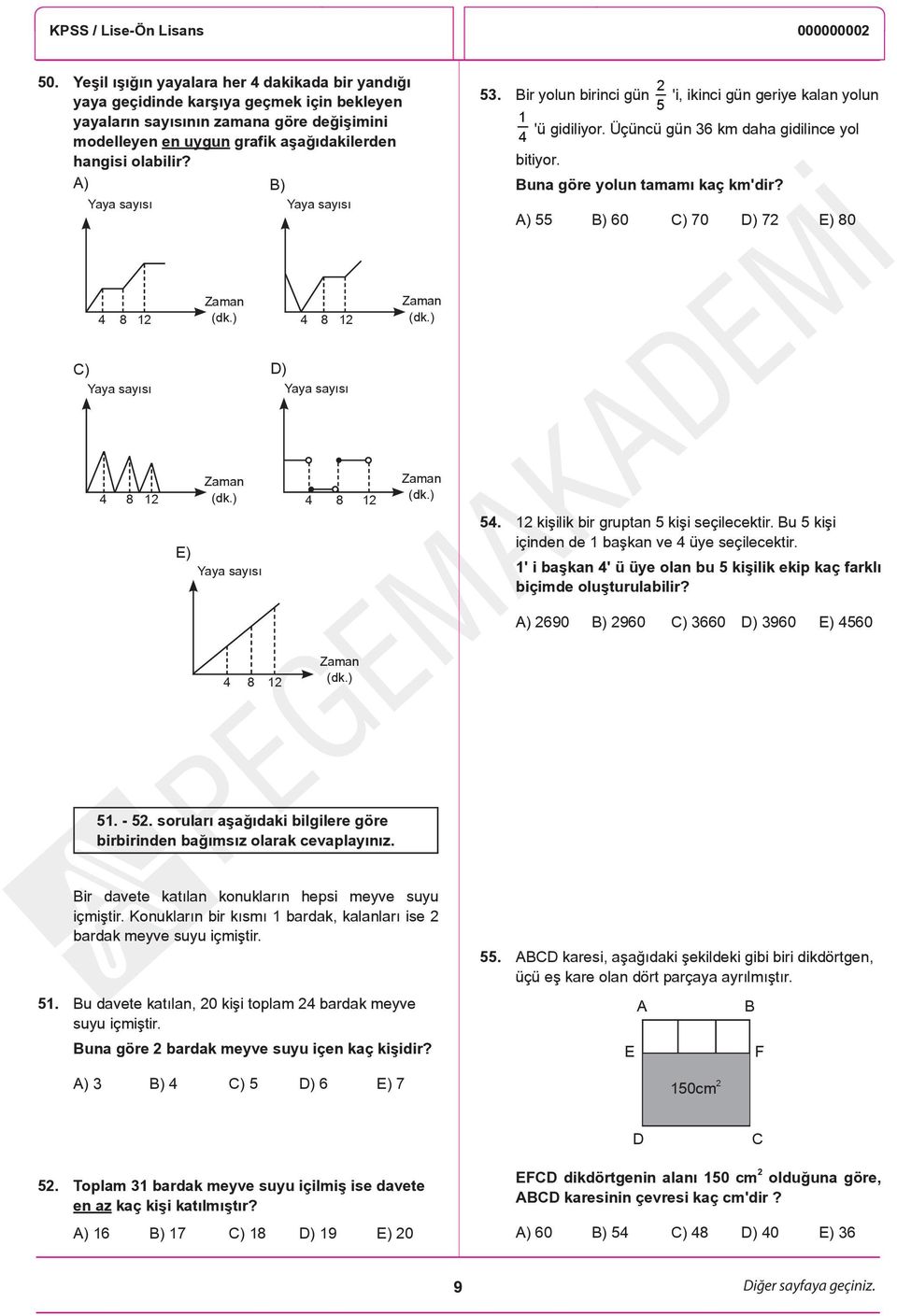 A) 55 B) 60 C) 70 D) 72 E) 80 4 8 12 Zaman (dk.) 4 8 12 Zaman (dk.) C) Yaya sayısı D) Yaya sayısı 4 8 12 Zaman (dk.) 4 8 12 Zaman (dk.) E) Yaya sayısı 54. 12 kişilik bir gruptan 5 kişi seçilecektir.