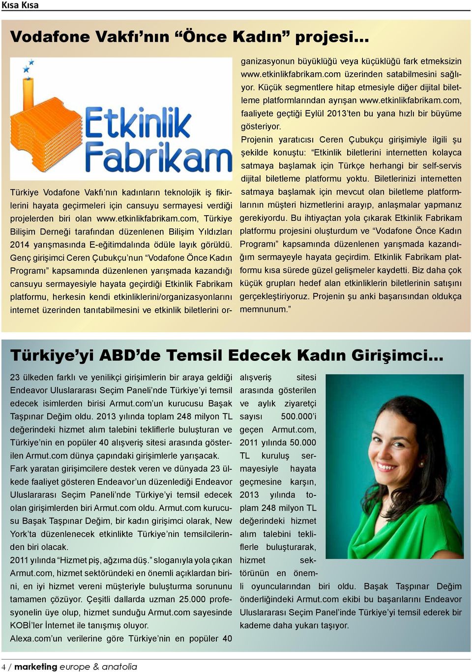 Genç girişimci Ceren Çubukçu nun Vodafone Önce Kadın Programı kapsamında düzenlenen yarışmada kazandığı cansuyu sermayesiyle hayata geçirdiği Etkinlik Fabrikam platformu, herkesin kendi