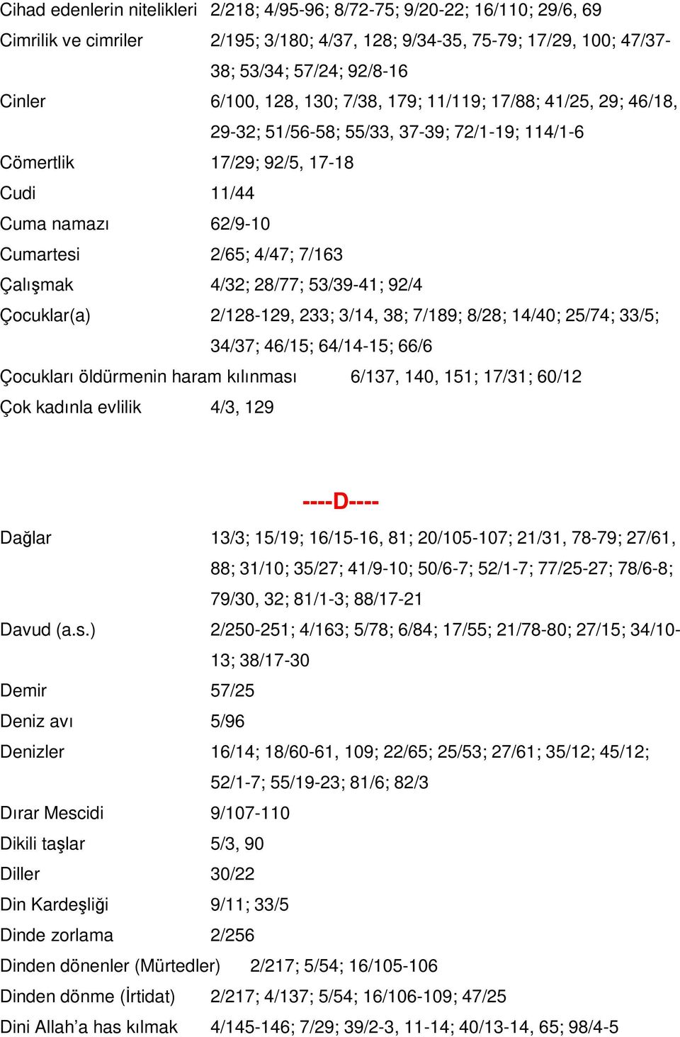 4/32; 28/77; 53/39-41; 92/4 Çocuklar(a) 2/128-129, 233; 3/14, 38; 7/189; 8/28; 14/40; 25/74; 33/5; 34/37; 46/15; 64/14-15; 66/6 Çocukları öldürmenin haram kılınması 6/137, 140, 151; 17/31; 60/12 Çok