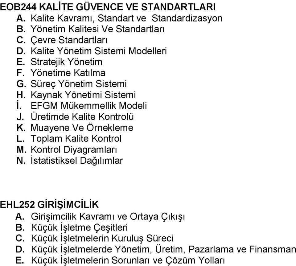 Üretimde Kalite Kontrolü K. Muayene Ve Örnekleme L. Toplam Kalite Kontrol M. Kontrol Diyagramları N. İstatistiksel Dağılımlar EHL252 GİRİŞİMCİLİK A.