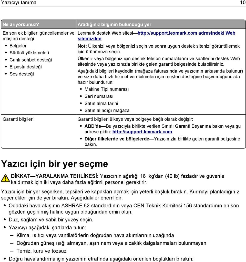 Web sitesi http://support.lexmark.com adresindeki Web sitemizden Not: Ülkenizi veya bölgenizi seçin ve sonra uygun destek sitenizi görüntülemek için ürününüzü seçin.