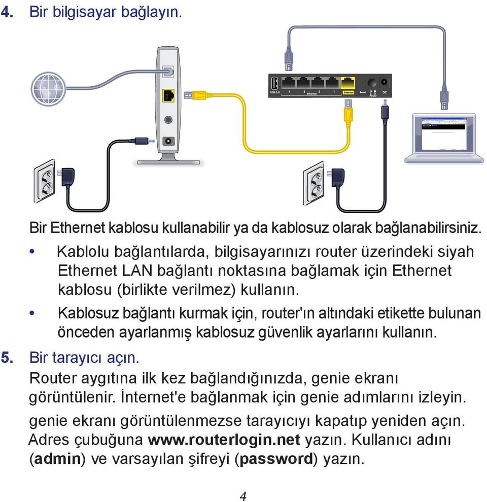 Kablosuz bağlantı kurmak için, router'ın altındaki etikette bulunan önceden ayarlanmış kablosuz güvenlik ayarlarını kullanın. 5. Bir tarayıcı açın.