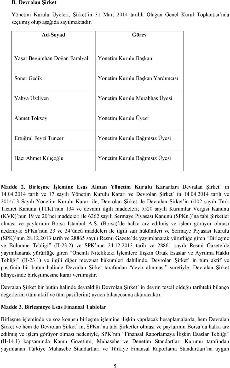 Ertuğrul Feyzi Tuncer Yönetim Kurulu Bağımsız Üyesi Hacı Ahmet Kılıçoğlu Yönetim Kurulu Bağımsız Üyesi Madde 2. Birleşme İşlemine Esas Alınan Yönetim Kurulu Kararları Devralan Şirket in 14.04.