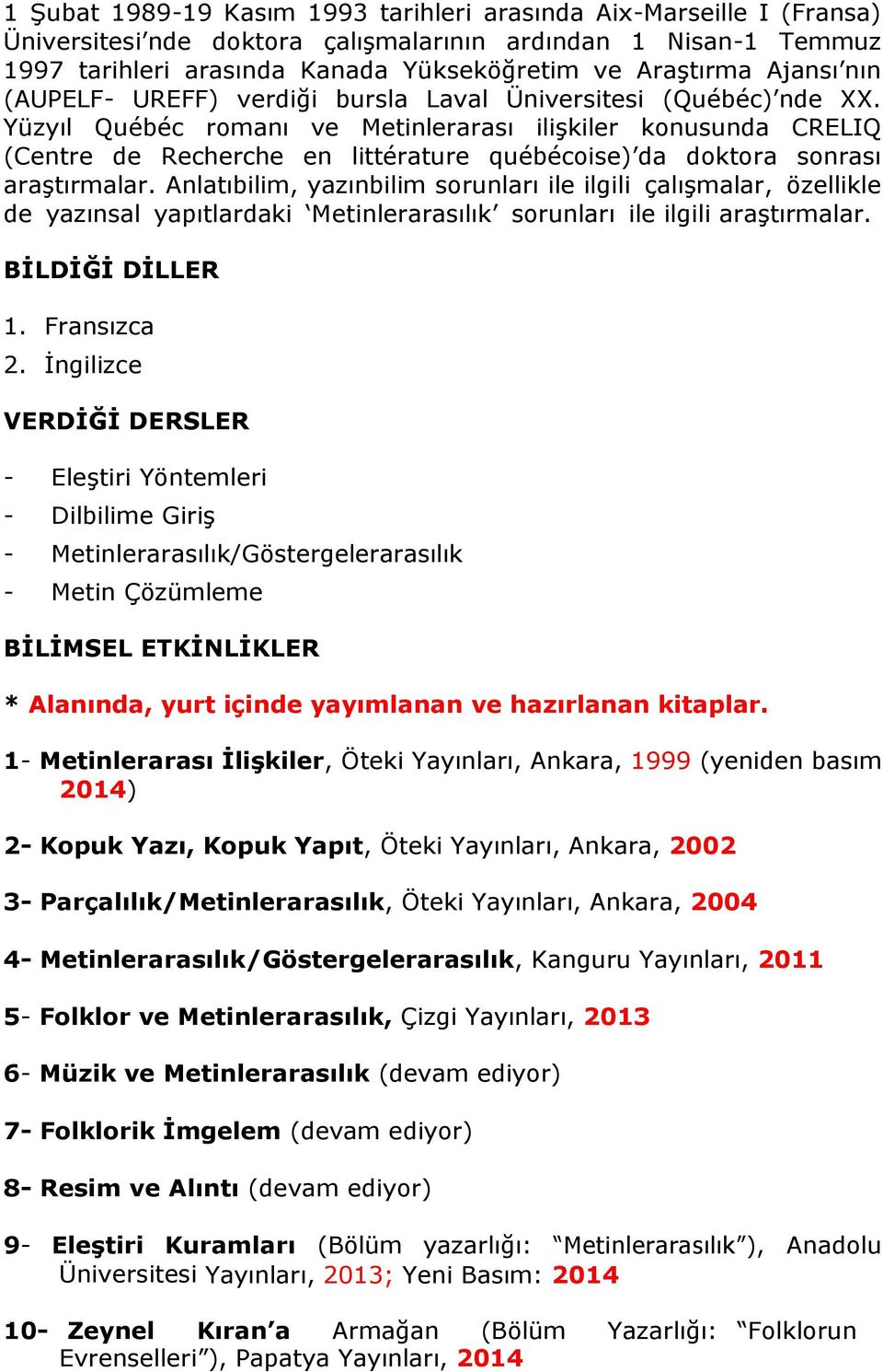 Yüzyıl Québéc romanı ve Metinlerarası ilişkiler konusunda CRELIQ (Centre de Recherche en littérature québécoise) da doktora sonrası araştırmalar.