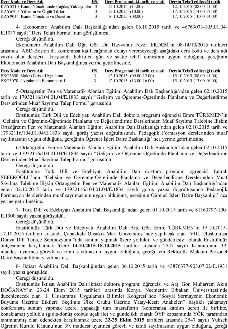 00) 4- Ekonometri Anabilim Dalı Başkanlığı ndan gelen 06.10.2015 tarih ve 46763073-105.01.04- E.1937 sayılı Ders Telafi Formu nun görüşülmesi. Ekonometri Anabilim Dalı Öğr. Gör. Dr.