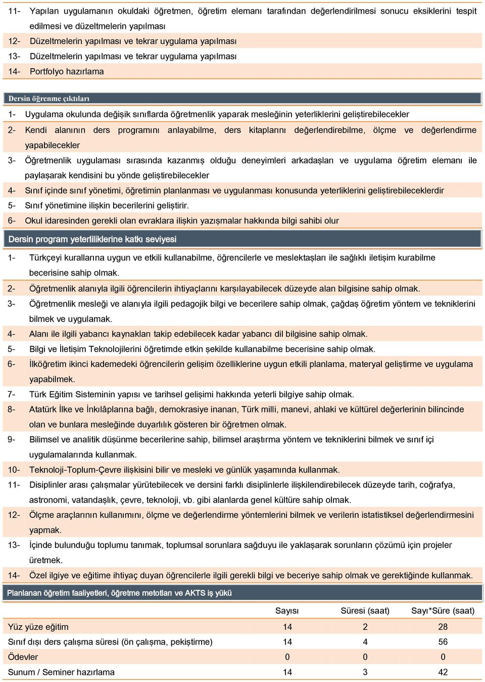 yeterliklerini geliştirebilecekler 2- Kendi alanının ders programını anlayabilme, ders kitaplarını değerlendirebilme, ölçme ve değerlendirme yapabilecekler 3- Öğretmenlik uygulaması sırasında