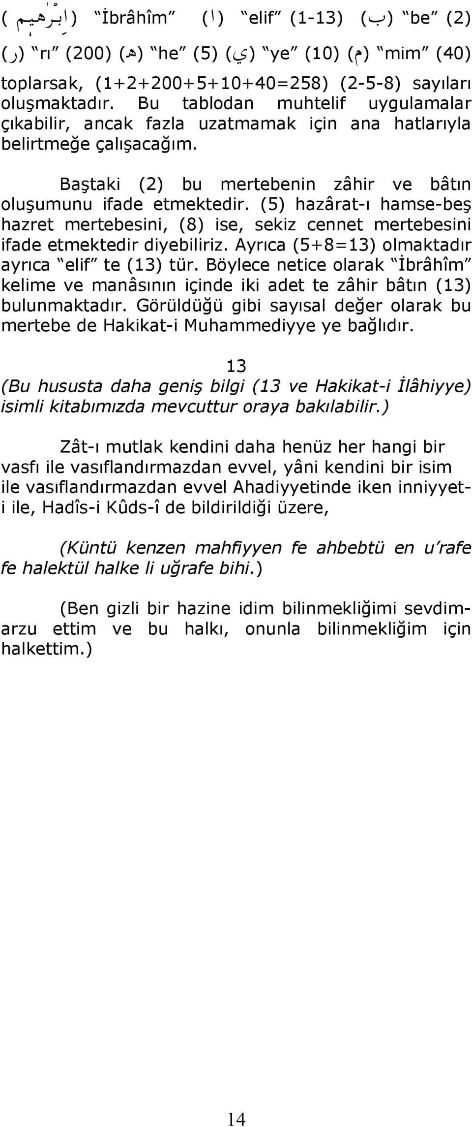 (5) hazârat-ı hamse-beş hazret mertebesini, (8) ise, sekiz cennet mertebesini ifade etmektedir diyebiliriz. Ayrıca (5+8=13) olmaktadır ayrıca elif te (13) tür.