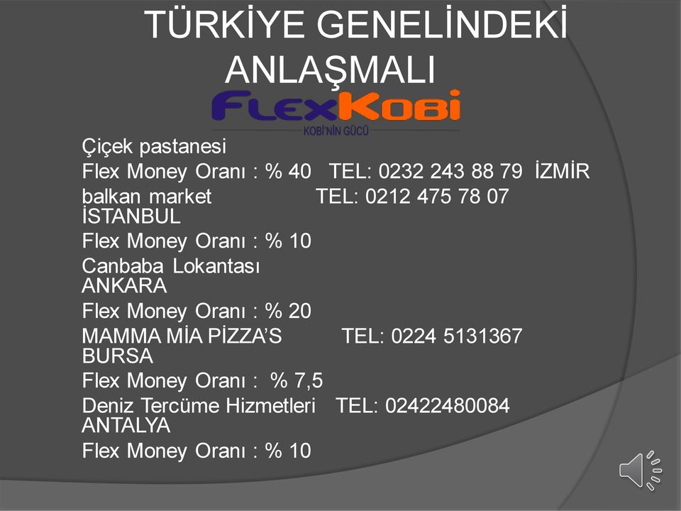 Lokantası ANKARA Flex Money Oranı : % 20 MAMMA MİA PİZZA S TEL: 0224 5131367 BURSA Flex