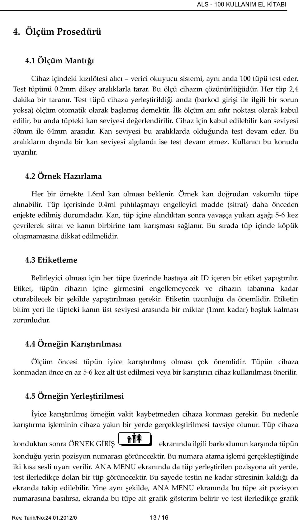 İlk ölçüm anı sıfır noktası olarak kabul edilir, bu anda tüpteki kan seviyesi değerlendirilir. Cihaz için kabul edilebilir kan seviyesi 50mm ile 64mm arasıdır.