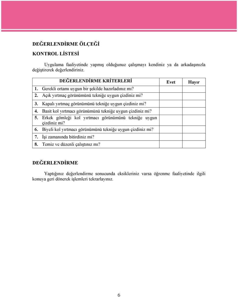 Basit kol yırtmacı görünümünü tekniğe uygun çizdiniz mi? 5. Erkek gömleği kol yırtmacı görünümünü tekniğe uygun çizdiniz mi? 6. Biyeli kol yırtmacı görünümünü tekniğe uygun çizdiniz mi?