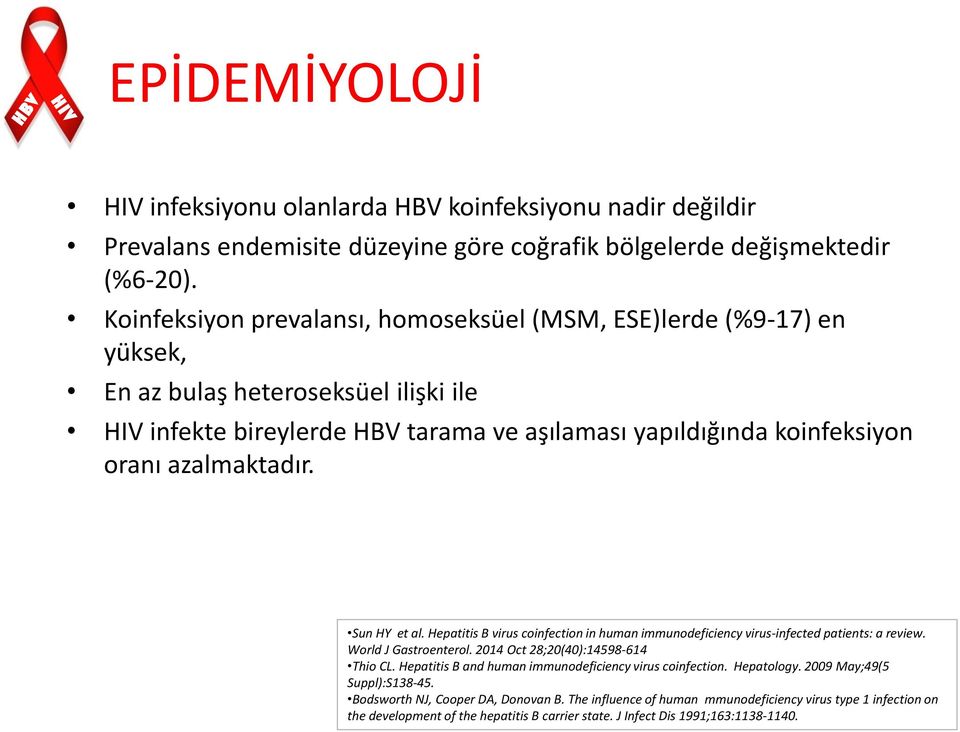 azalmaktadır. Sun HY et al. Hepatitis B virus coinfection in human immunodeficiency virus-infected patients: a review. World J Gastroenterol. 2014 Oct 28;20(40):14598-614 Thio CL.