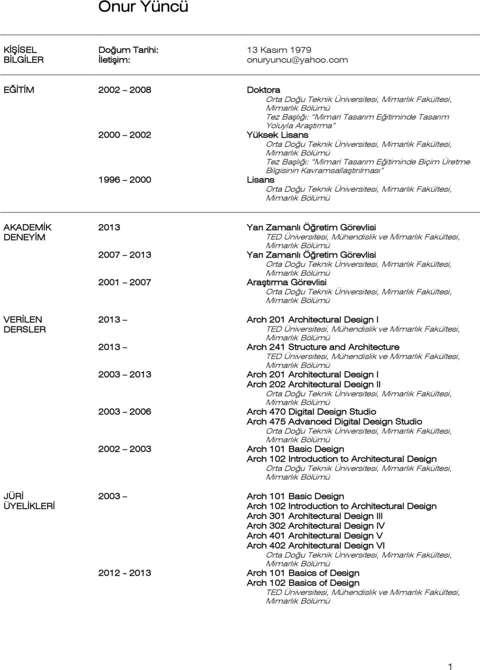 Kavramsallaştırılması 1996 2000 Lisans AKADEMİK DENEYİM VERİLEN DERSLER JÜRİ ÜYELİKLERİ 2013 Yarı Zamanlı Öğretim Görevlisi 2007 2013 Yarı Zamanlı Öğretim Görevlisi 2001 2007 Araştırma Görevlisi 2013