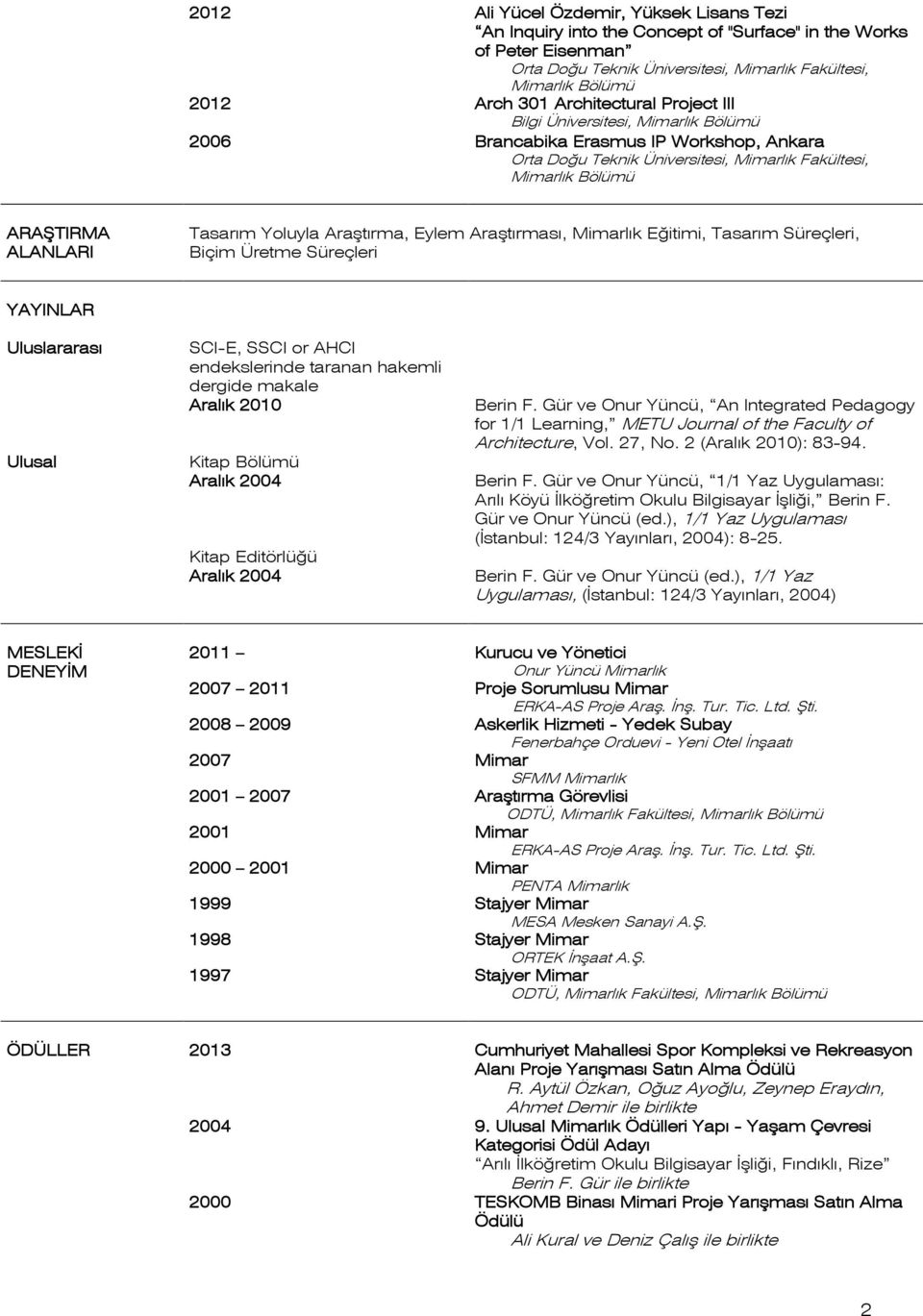 endekslerinde taranan hakemli dergide makale Aralık 2010 Kitap Bölümü Aralık 2004 Kitap Editörlüğü Aralık 2004 Berin F.