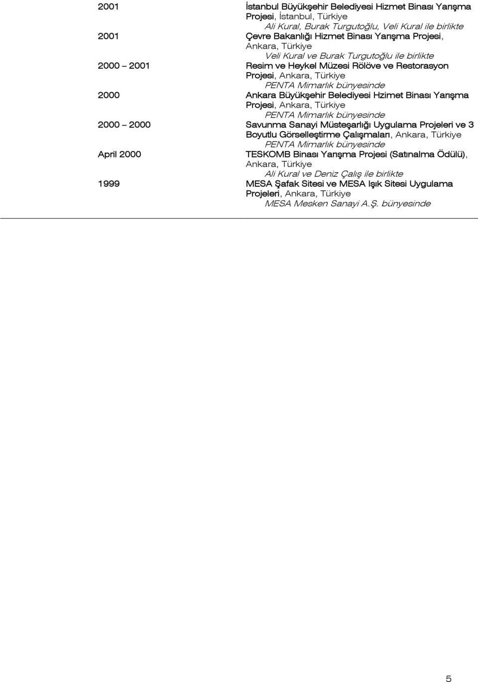 Binası Yarışma Projesi, Ankara, 2000 2000 Savunma Sanayi Müsteşarlığı Uygulama Projeleri ve 3 Boyutlu Görselleştirme Çalışmaları, Ankara, April 2000 TESKOMB Binası Yarışma