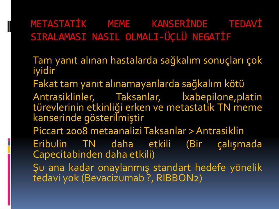 erken ve metastatik TN meme kanserinde gösterilmiştir Piccart 2008 metaanalizi Taksanlar > Antrasiklin Eribulin TN daha