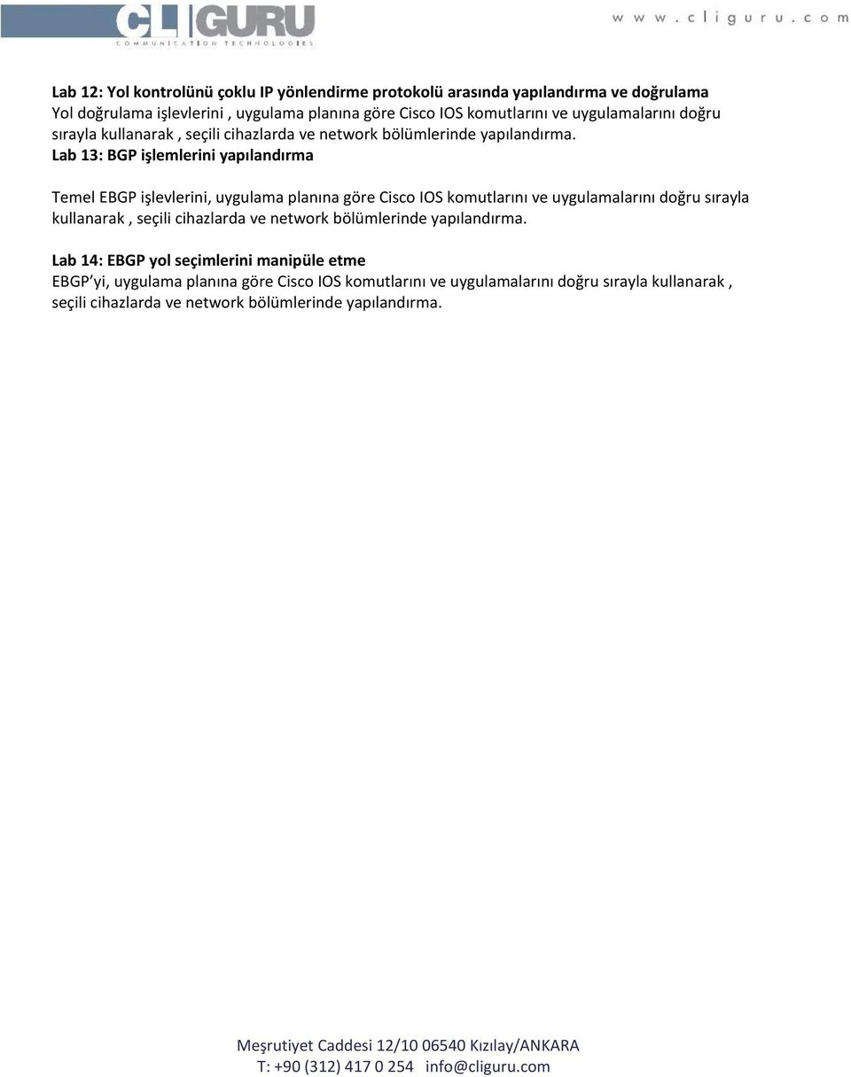 Lab 13: BGP işlemlerini yapılandırma Temel EBGP işlevlerini, uygulama planına göre Cisco IOS komutlarını ve  Lab 14: EBGP yol seçimlerini manipüle etme EBGP yi,