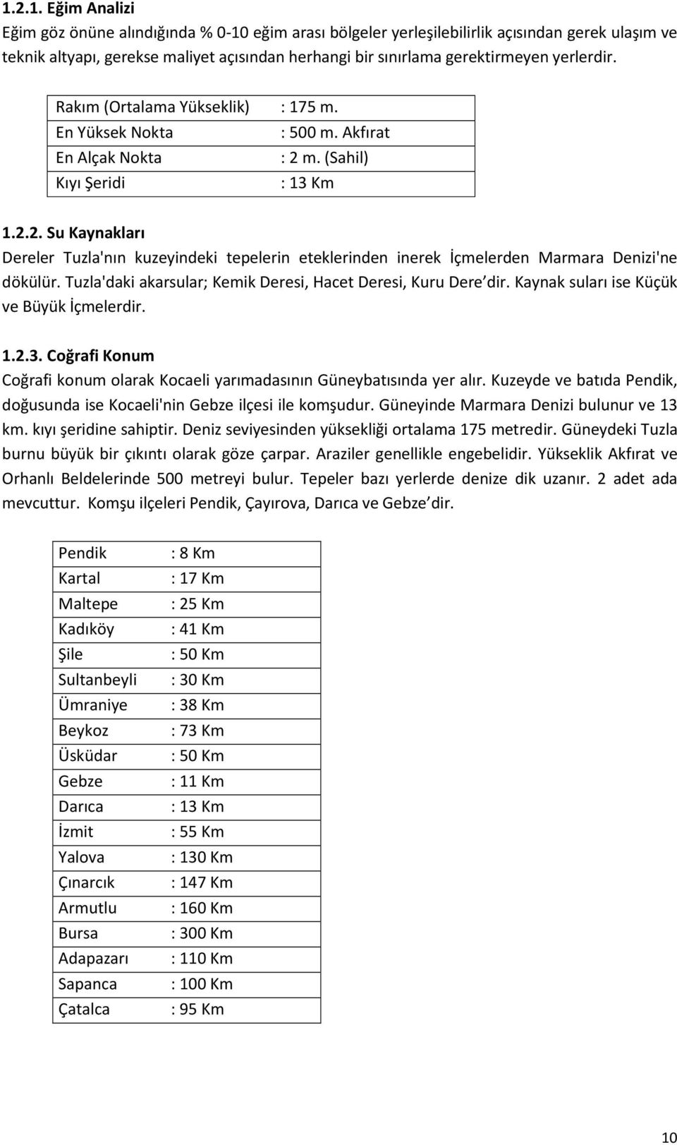 m. (Sahil) Kıyı Şeridi : 13 Km 1.2.2. Su Kaynakları Dereler Tuzla'nın kuzeyindeki tepelerin eteklerinden inerek İçmelerden Marmara Denizi'ne dökülür.