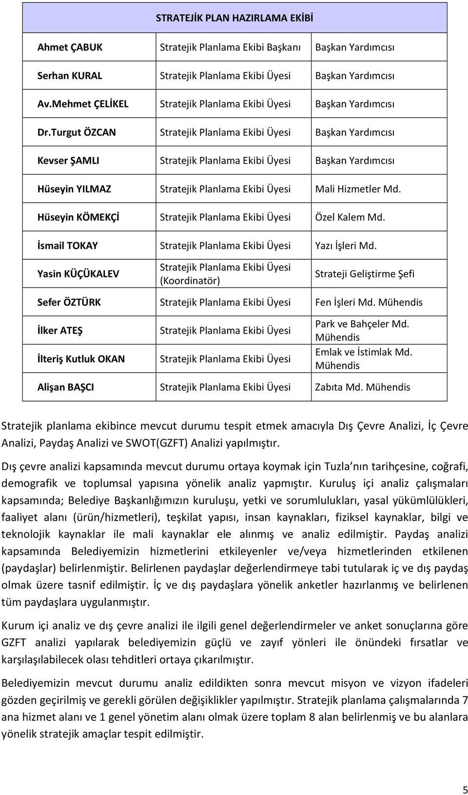 Turgut ÖZCAN Stratejik Planlama Ekibi Üyesi Başkan Yardımcısı Kevser ŞAMLI Stratejik Planlama Ekibi Üyesi Başkan Yardımcısı Hüseyin YILMAZ Stratejik Planlama Ekibi Üyesi Mali Hizmetler Md.