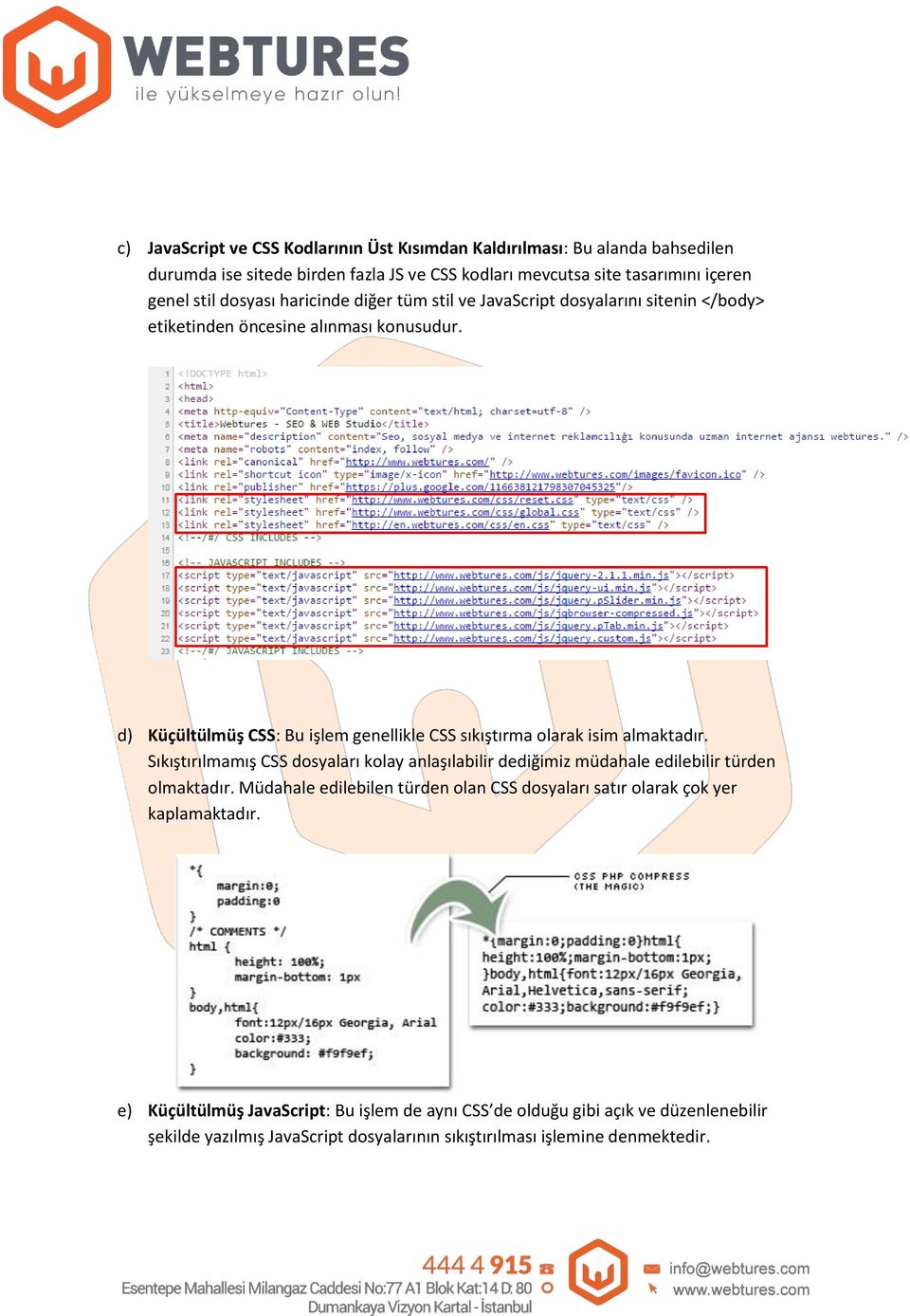 d) Küçültülmüş CSS: Bu işlem genellikle CSS sıkıştırma olarak isim almaktadır. Sıkıştırılmamış CSS dosyaları kolay anlaşılabilir dediğimiz müdahale edilebilir türden olmaktadır.