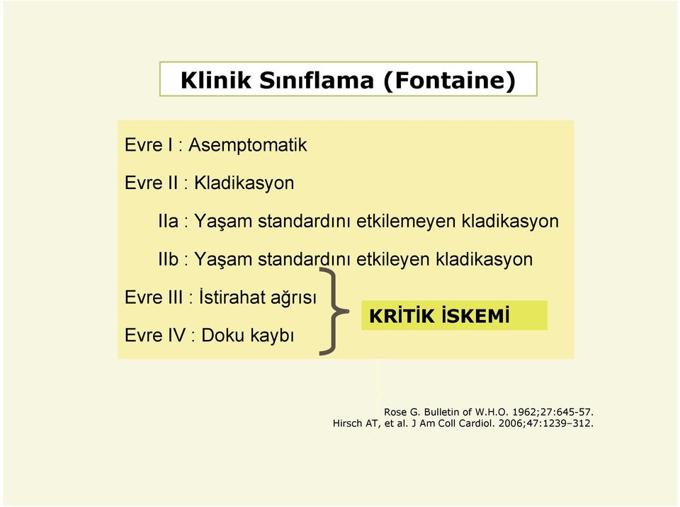 kladikasyon Evre III : İstirahat ağrısı Evre IV : Doku kaybı KRİTİK İSKEMİ Rose G.