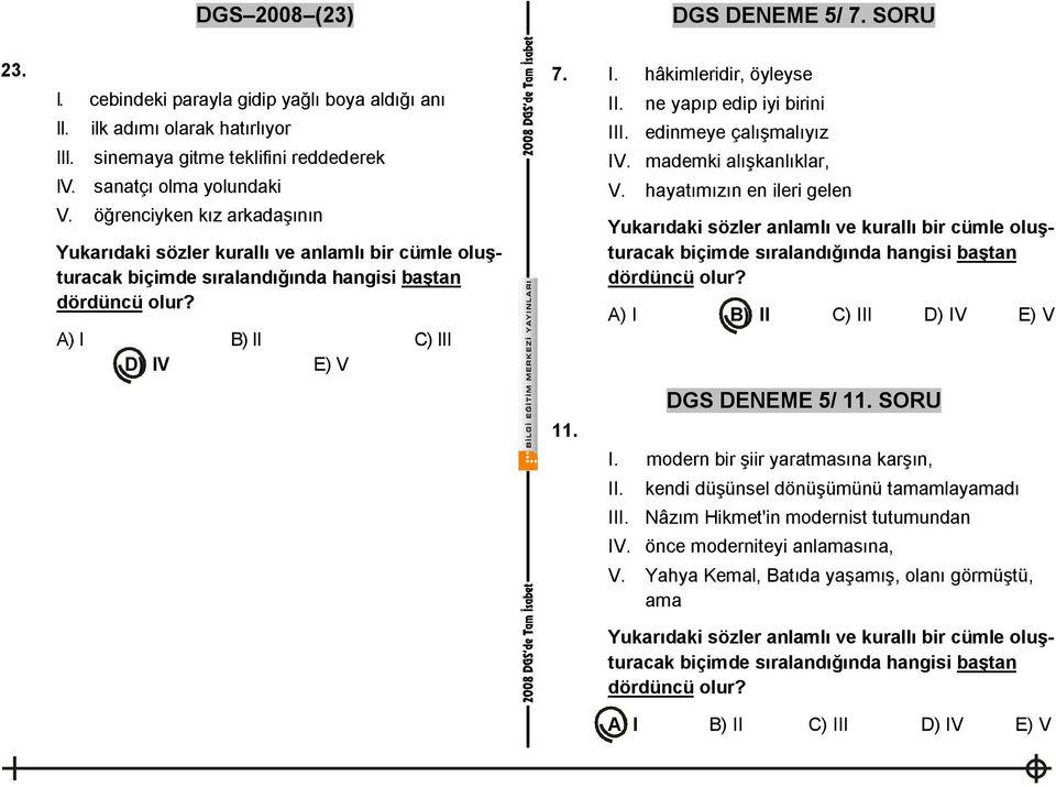 II. ne yapıp edip iyi birini III. edinmeye çalışmalıyız IV. mademki alışkanlıklar, V.