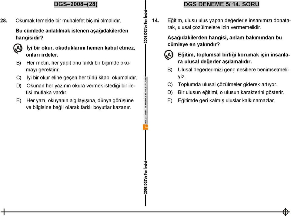 D) Okunan her yazının okura vermek istediği bir iletisi mutlaka vardır. E) Her yazı, okuyanın algılayışına, dünya görüşüne ve bilgisine bağlı olarak farklı boyutlar kazanır. 14.