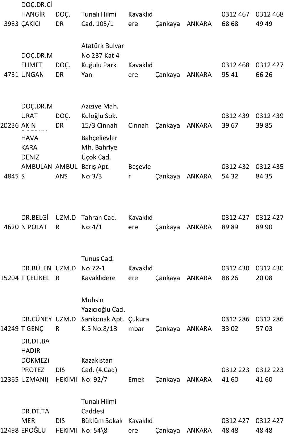 DR DOLUNAY HAVA KARA DENİZ AMBULAN AMBUL S ANS Aziziye Mah. Kuloğlu Sok. 15/3 Cinnah Cinnah Çankaya ANKARA Bahçelievler Mh. Bahriye Üçok Cad. Barış Apt.