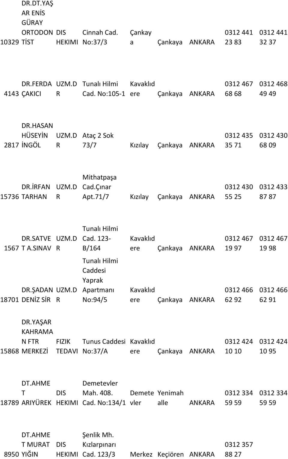 D R Mithatpaşa Cad.Çınar Apt.71/7 Kızılay Çankaya ANKARA 0312 430 55 25 0312 433 87 87 1567 DR.SATVE T A.SINAV UZM.D R Tunalı Hilmi Cad.
