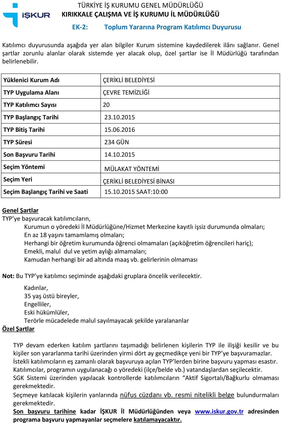 10.2015 SAAT:10:00 Not: Bu TYP ye katılımcı