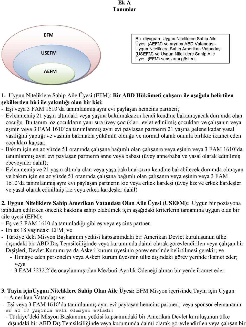 Uygun Niteliklere Sahip Aile Üyesi (EFM): Bir ABD Hükümeti çalışanı ile aşağıda belirtilen şekillerden biri ile yakınlığı olan bir kişi: - Eşi veya 3 FAM 1610 da tanımlanmış aynı evi paylaşan hemcins